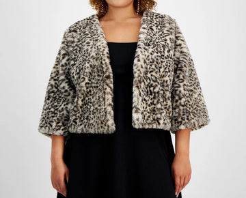 BCX Trendy Plus Size 3X Animal Print Open-Front Faux Fur Shrug Beige Black
