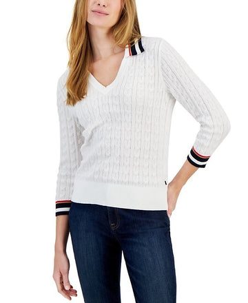 Tommy Hilfiger Women's Cotton Striped-Collar Cable-Knit Sweater SZ M White $69.5