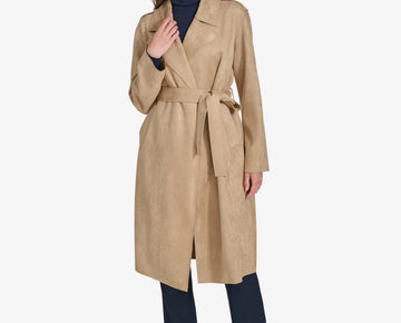 Tommy Hilfiger Women's Faux-Suede Trench Coat Tan Beige Size XL MSRP $229