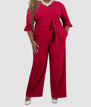 Kasper Women's Boat-Neck 3/4-Ruffle-Sleeve Jumpsuit Red Plus Size 2X MSRP $129