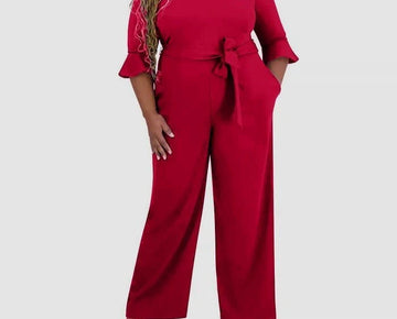 Kasper Women's Boat-Neck 3/4-Ruffle-Sleeve Jumpsuit Red Plus Size 2X MSRP $129