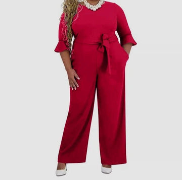 Kasper Women's Boat-Neck 3/4-Ruffle-Sleeve Jumpsuit Red Plus Size 2X MSRP $129