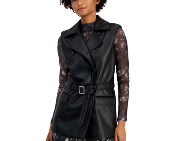 bar III Womens Belted Faux Leather Vest, Black, Petite, Size PXL MSRP $80