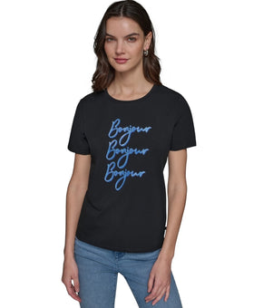 Karl Lagerfeld Paris Women's Bonjour Embellished Black T-Shirt Top Size S $59