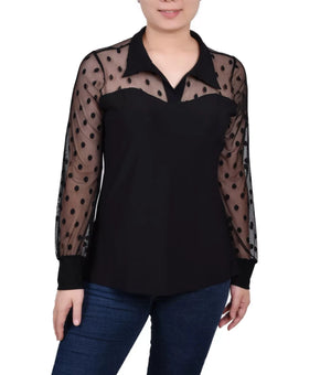 NY Collection Petite Mesh Sleeve Top Black Polyester Size PL