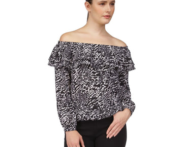 Michael Kors Womens Animal Print Off the Shoulder Blouse, Black Size S