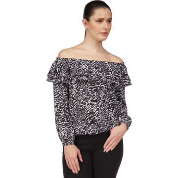 Michael Kors Womens Animal Print Off the Shoulder Blouse, Black Size S