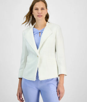 Kasper Women's Tweed One-Button Fringe Blazer Vanilla White Size 14P MSRP $139