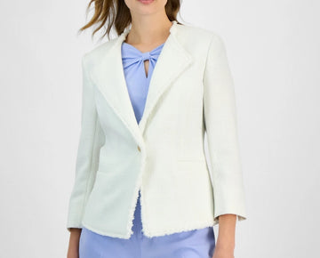 Kasper Women's Tweed One-Button Fringe Blazer Vanilla White Size 14P MSRP $139