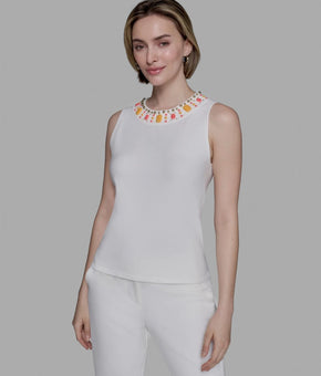 KARL LAGERFELD Women's Embellished rayon Sleeveless Round Top Ivory Size XL $99