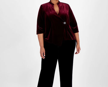 Alex Evenings Plus Size 1X Velvet Beaded-Button 3/4-Sleeve Top Wine Red MSRP$149