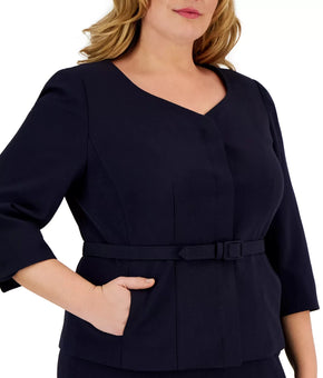 Le Suit Plus Size Collarless Belted Jacket Only - Button Navy Blue Size 20W