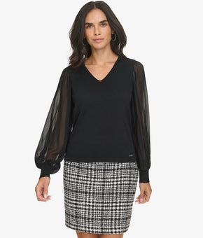 Calvin Klein Women's V-Neck Mixed-Media Top Black Size S MSRP $79