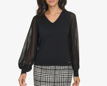 Calvin Klein Women's V-Neck Mixed-Media Top Black Size S MSRP $79