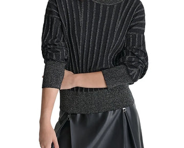 DKNY Women's Striped Dropped-Sleeve Crewneck Sweater Black Size L MSRP $99