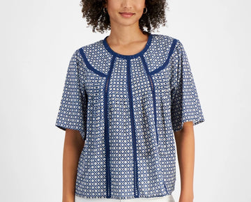 Nautica Jeans Women's Cotton Printed Crochet-Trim Top Blue Size L MSRP $70