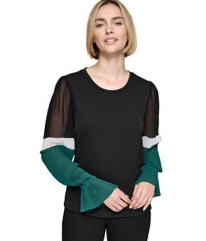 KARL LAGERFELD PARIS Women's Colorblocked-Sleeve Top Black Size XL MSRP $99