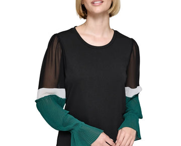 KARL LAGERFELD PARIS Women's Colorblocked-Sleeve Top Black Size M MSRP $99