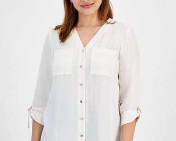 Jones New York Petite Roll-Tab-Sleeve Button Tunic Shirt Ivory Size PS MSRP $80