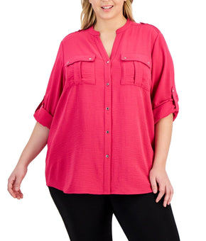 Calvin Klein Textured Roll Tab Button Down Shirt Pink Plus Size 3X MSRP $85