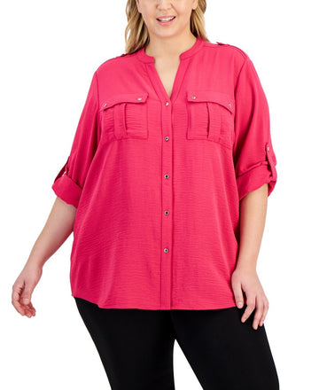 Calvin Klein Textured Roll Tab Button Down Shirt Pink Plus Size 3X MSRP $85