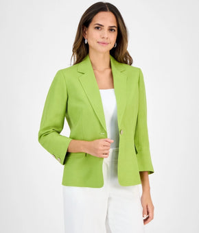 Kasper Linen Blend Notched-Collar 3/4-Sleeve Jacket Green Petite Size 16P $139
