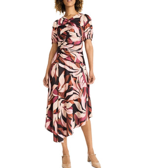 Maggy London Women's Printed Ruched Midi Dress Black Size 16 MSRP $138