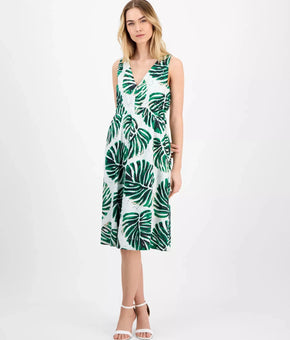 Anne Klein Women's Printed Cotton Eyelet V-Neck Dress Green White Size 10 $139