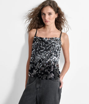 DKNY Women's Sequin Multi Scale Camisole Top Black Size M MSRP $129