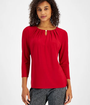 Kasper Womens Petite Pleat-Neck 3/4-Sleeve Blouse Red Size PS MSRP $59