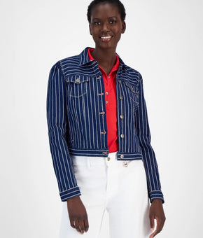 Nautica Jeans Women's Striped Denim Puff-Shoulder Jacket Blue Size XL MSRP $110