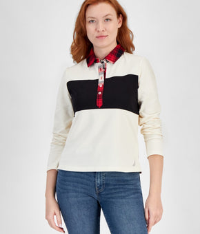 Nautica Jeans Womens Colorblocked Long Sleeve Top White Swan Black Size S $70