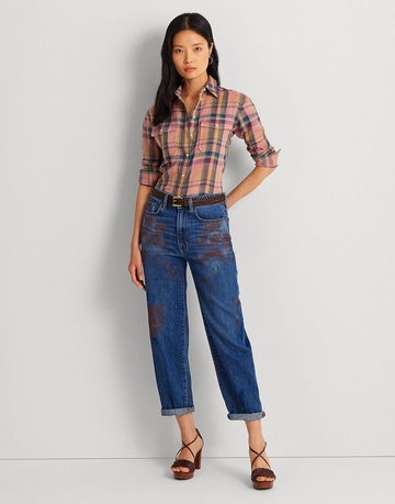 LAUREN RALPH LAUREN CHECKED PLAID LINEN SHIRT Pink Size M MSRP $145