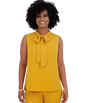 Kasper Women's Sleeveless High-Neck Bow Blouse Mustard Yellow Size XL MSRP $59