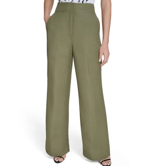 Calvin Klein Women High-Rise Wide-Leg Pants Olive Green Linen Pants Size 8 $109