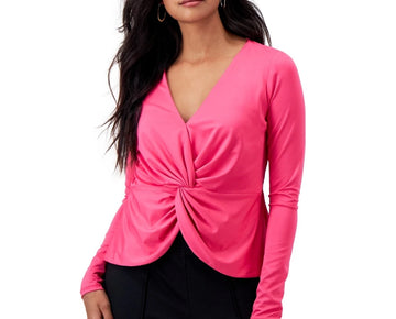 Bar III Petite Twist-Front Long-Sleeve Top Pink Size PXL