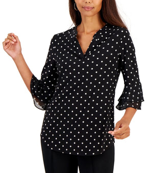 Kasper Petite Dot-Print Flutter-Sleeve V-Neck Blouse Size PS Black MSRP $69