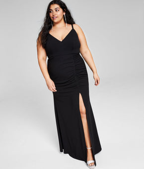EMERALD SUNDAE Black Stretch Shirred V Neck Formal Gown Dress Size 18 MSRP $79