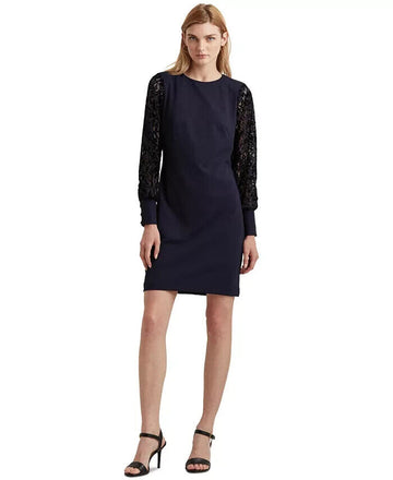 LAUREN Ralph Lauren Jersey Lace-Sleeve Dress Navy Blue Size 14 MSRP $155