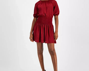 Michael Kors Women's Satin Smocked Mini Dress Dark Brandy Red Size XS MSRP $165