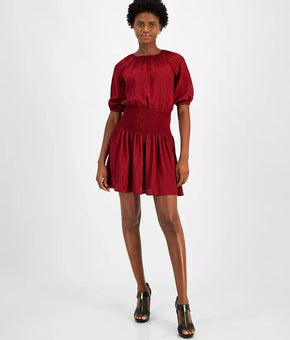 Michael Kors Women's Satin Smocked Mini Dress Dark Brandy Red Size XS SALE $165