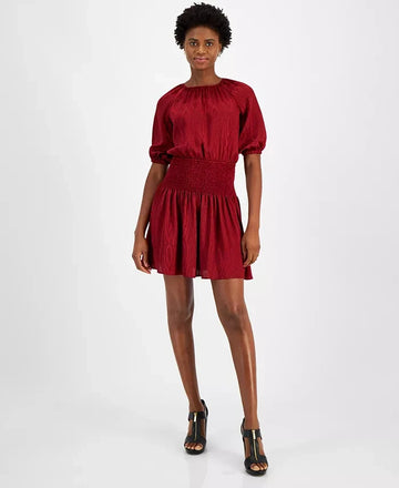 Michael Kors Women's Satin Smocked Mini Dress Dark Brandy Red Size XS SALE $165