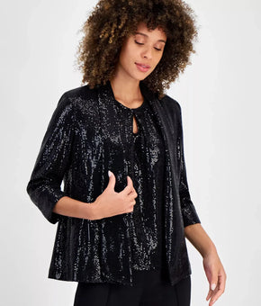 Kasper Blouse Womens Petite Size 10P Black Sequin 3/4 Sleeve Mesh Lined Top $99