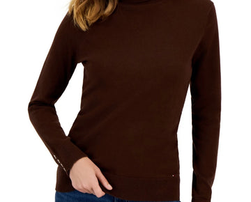 Tommy Hilfiger Women Button-Cuff Turtleneck Stella Sweater Size S Brown MSRP $70