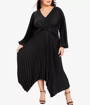 AVENUE Eve Pleat V-neck Maxi Dress Black Plus Size 20 MSRP $130