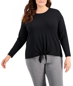 Ideology Top Womens Plus Size 3X Black Off-Duty Tie Front Long Sleeve Pullover