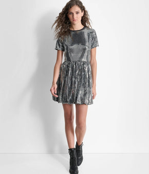 DKNY Women's Sequin Bubble Skirt Mini Dress Black Size L SALE $179