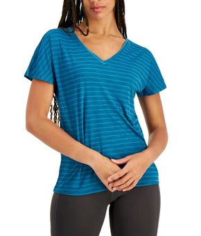 Ideology Women's V-Neck Short Sleeve Shadow Stripe T-Shirt, Zen Teal Blue Size S