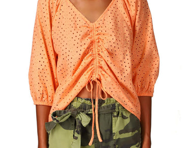 Sanctuary Womens Eyelet Ruched Blouse Orange Size L