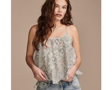Lucky Brand Women Printed Asymmetrical Ruffle Camisole Top Green Size L MSRP $80